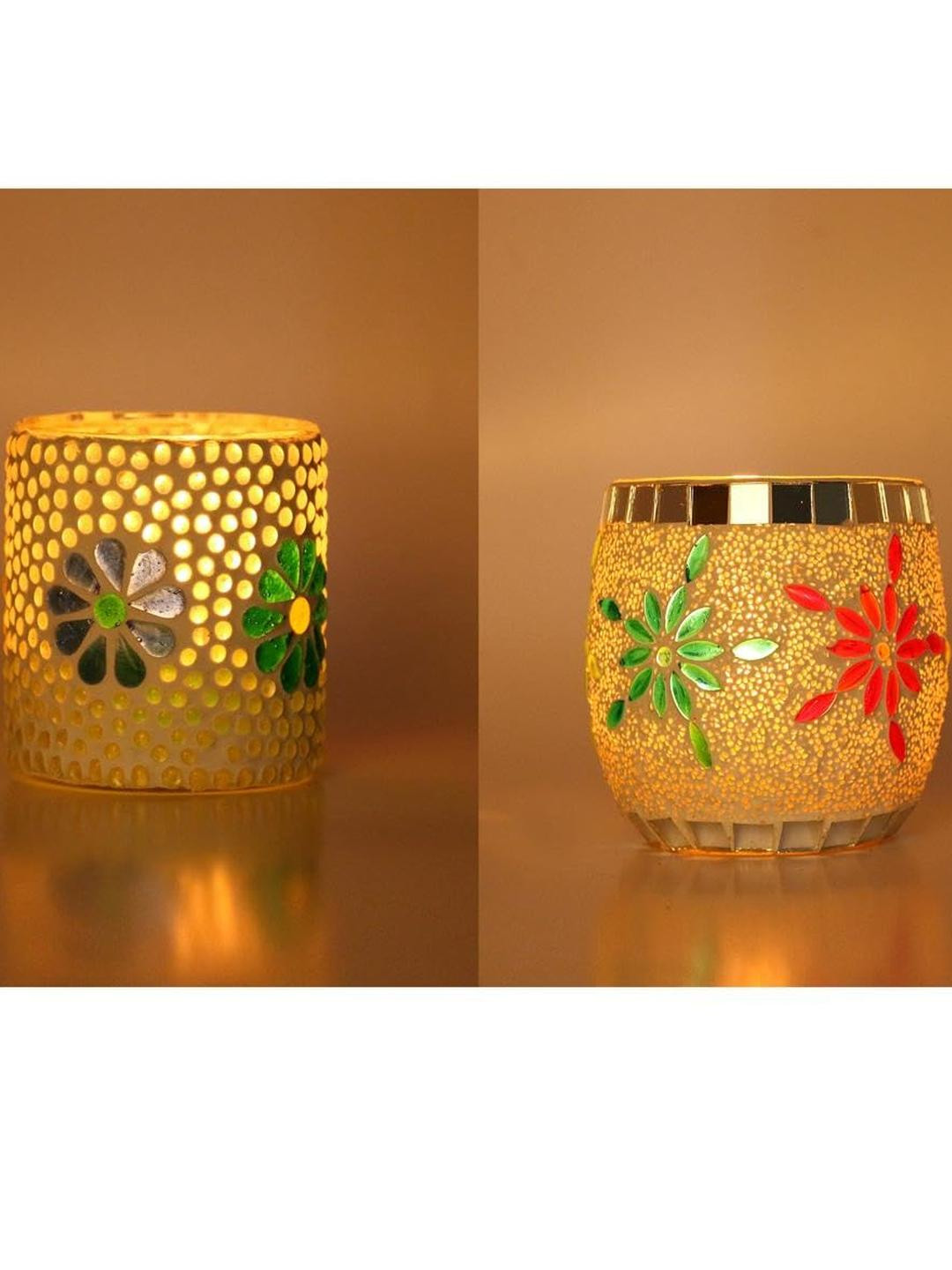 Somil Vibrant Multicolor Glass Candle Holder  Add A Touch Of Magic To Diwali, Parties & Candlelight Dinners, Size-7 X 7 X 7  Cm , 8.5 X 8.5 X 9  Cm Pack OF 2