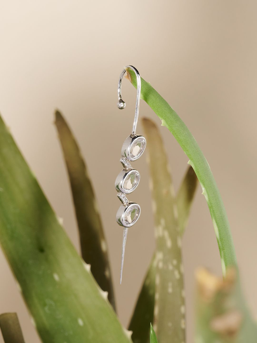 Stone Story By Shruti 925 Sterling Silver Rhodium-Plated Quartz Studded Oval Ear Cuff