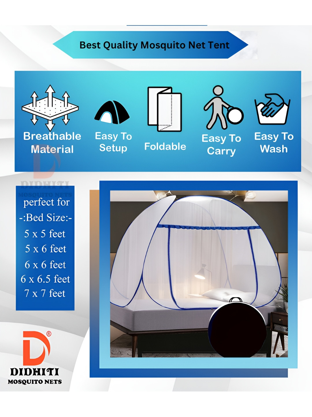 didhiti White & Blue King Size Tent Mosquito Net
