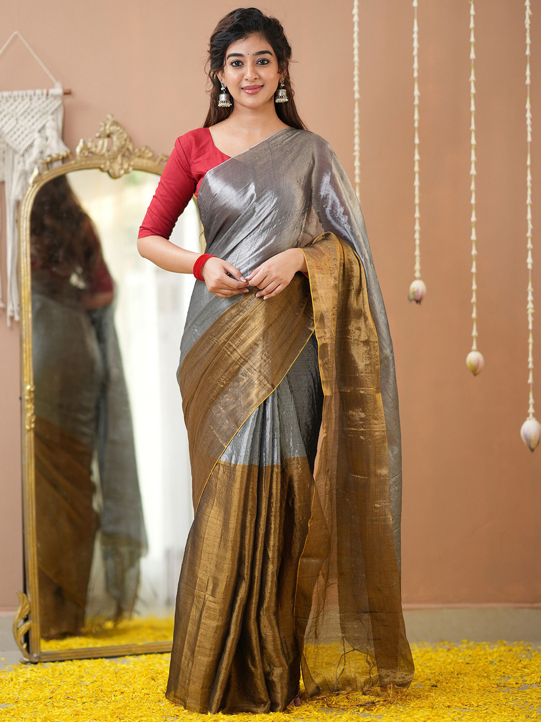 RAAG VARNAM Gold & Silver Tissue Saree With Designer Blouse