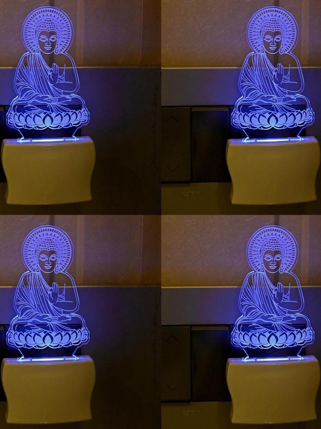 SOMIL Green & Blue Pack Of 4 Acrylic Buddha Printed Glass With LED Night Lamps