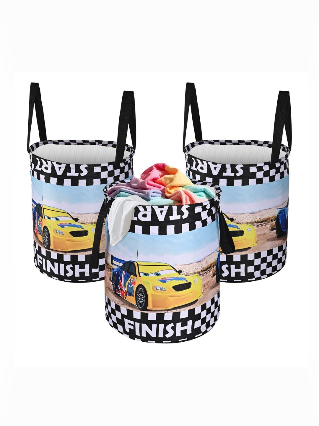 YK 3Pc Blue Disney Cars Printed Foldable Laundry Bag With Handles