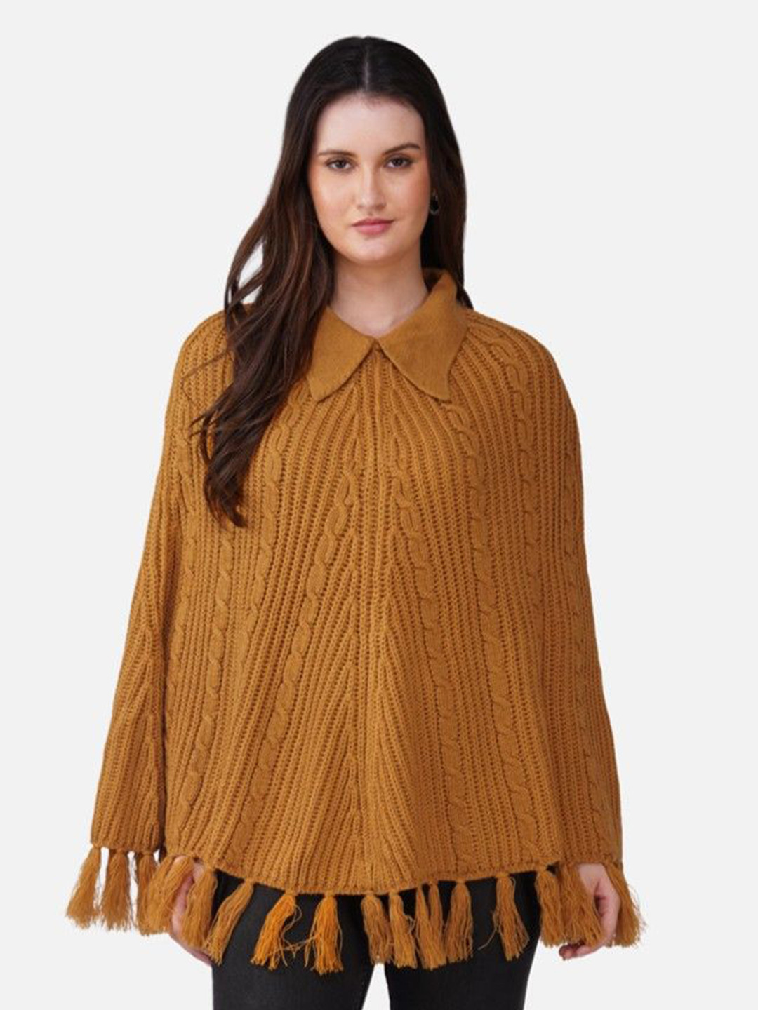 JoE Hazel Cable Knit Shirt Collar Acrylic Longline Poncho