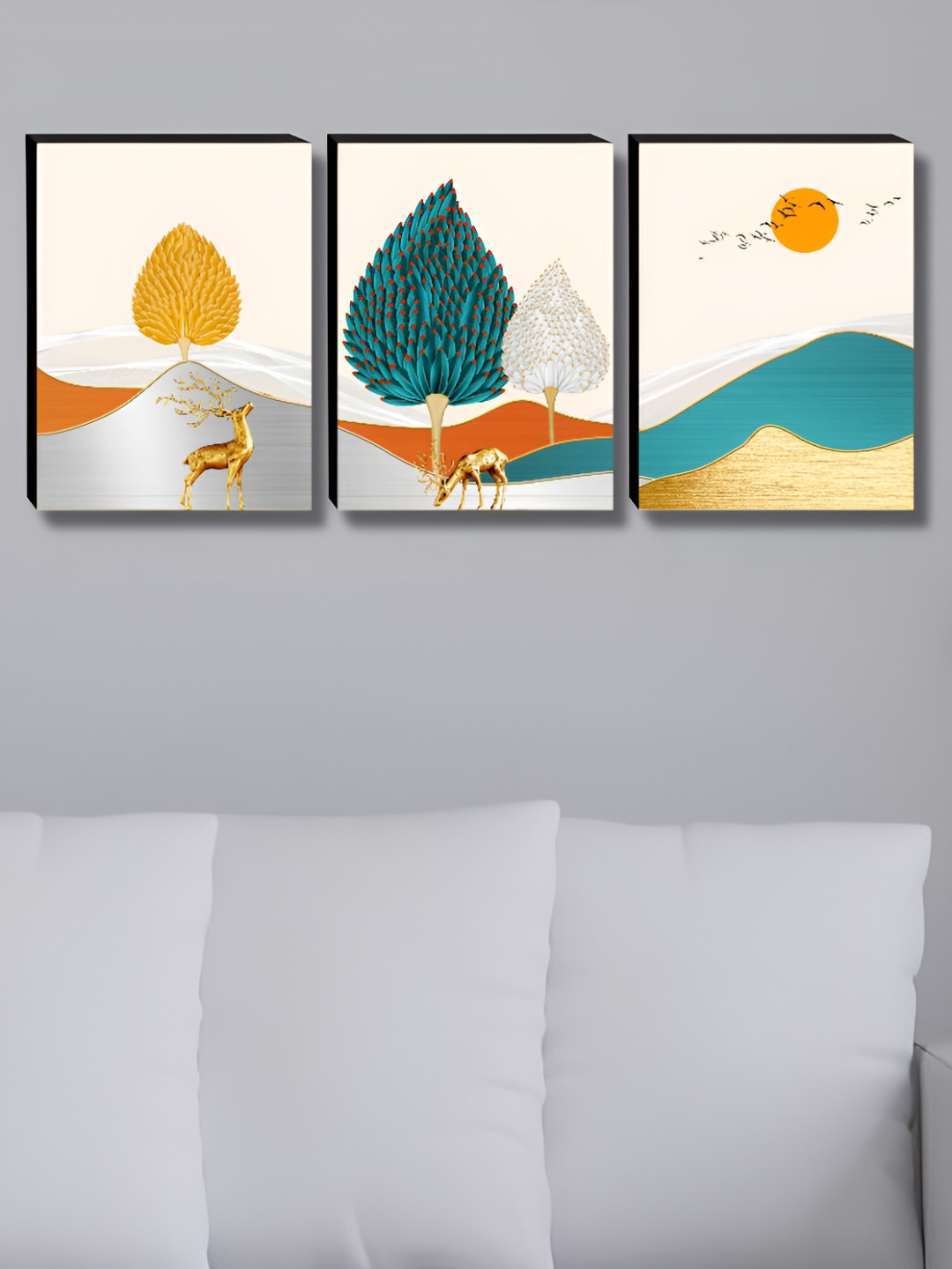 Livin'luxe White & Teal 3 Pieces Deer & Trees Printed Wall Arts