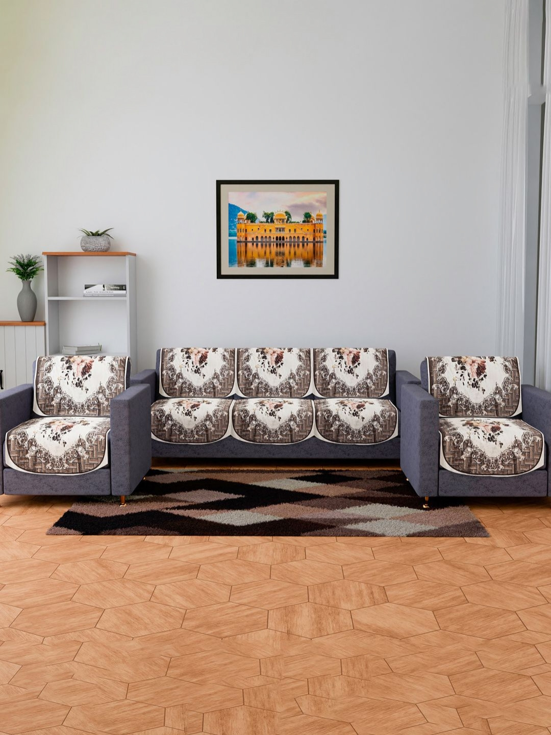 RUBOXA Brown & Off White Printed Velvet Sofa Cover