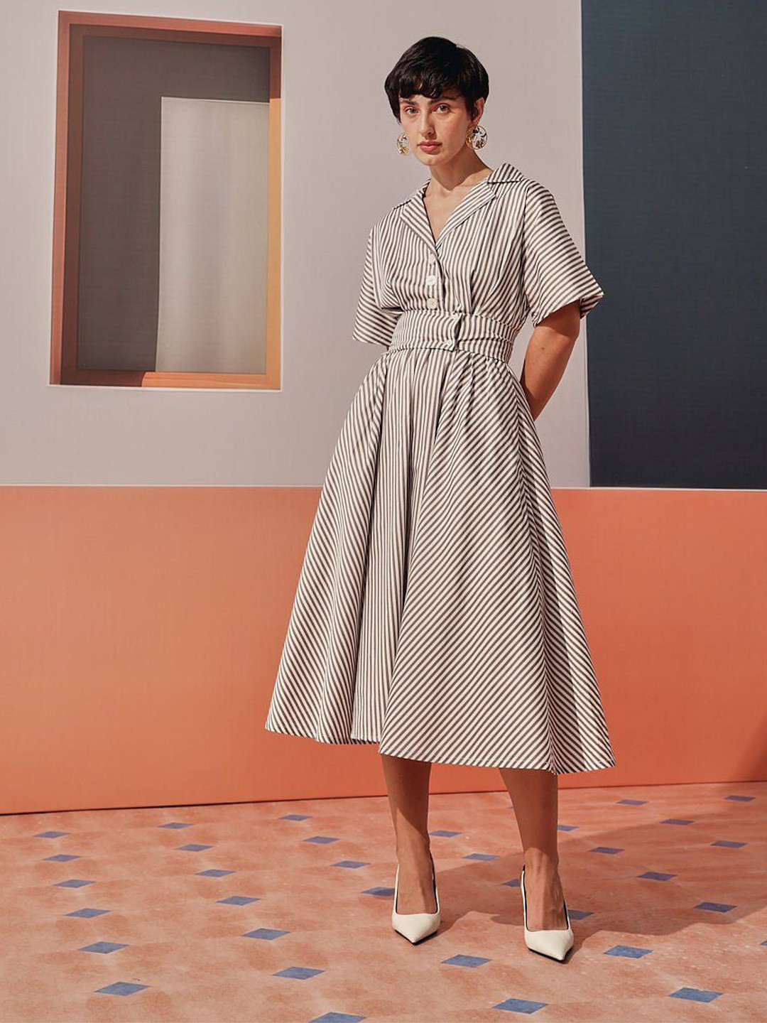 Sage by Mala Women Striped Belted Fit and Flare Midi Dress