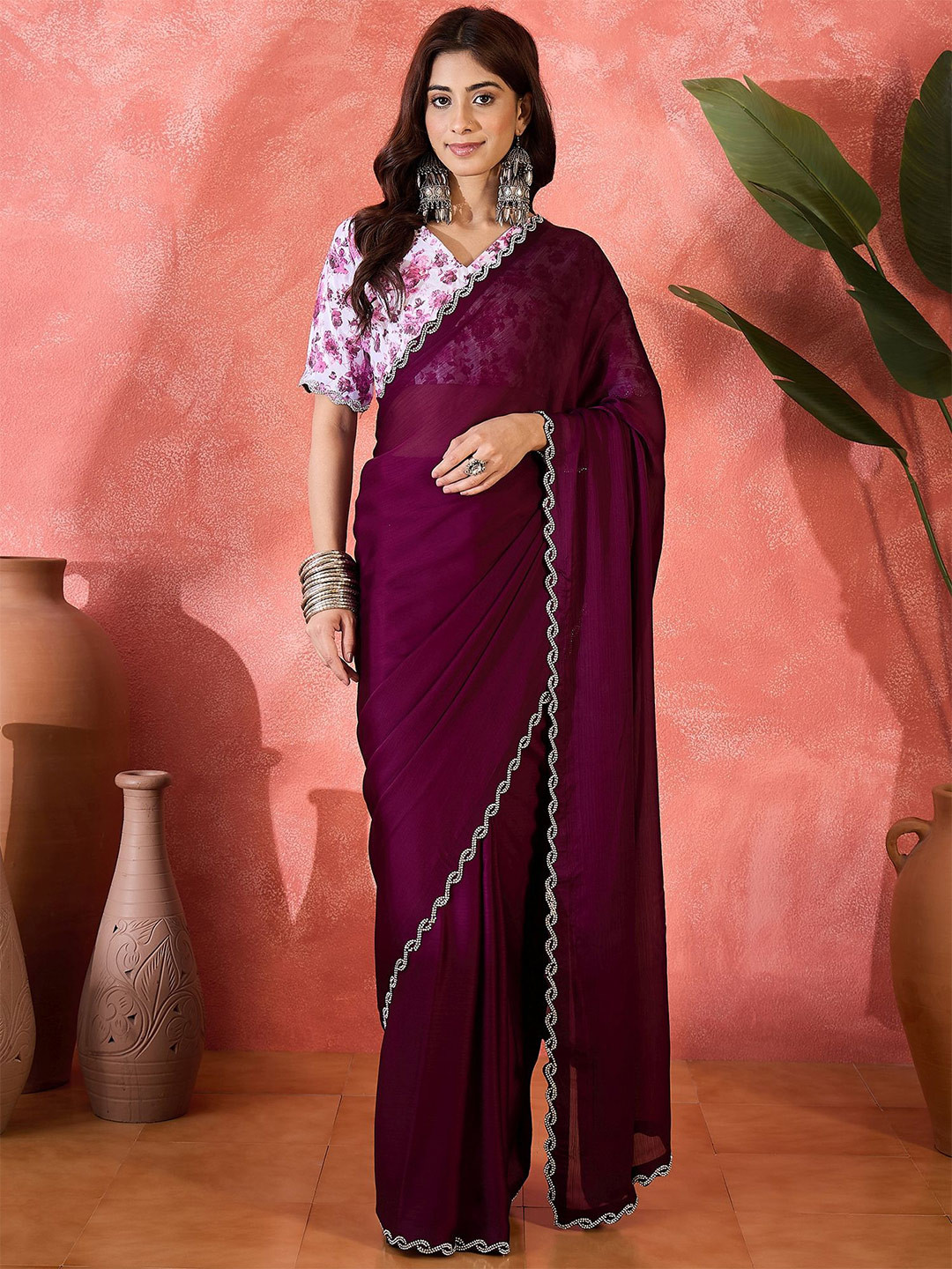 MANVAA Beads And Stones Satin Chiffon Saree