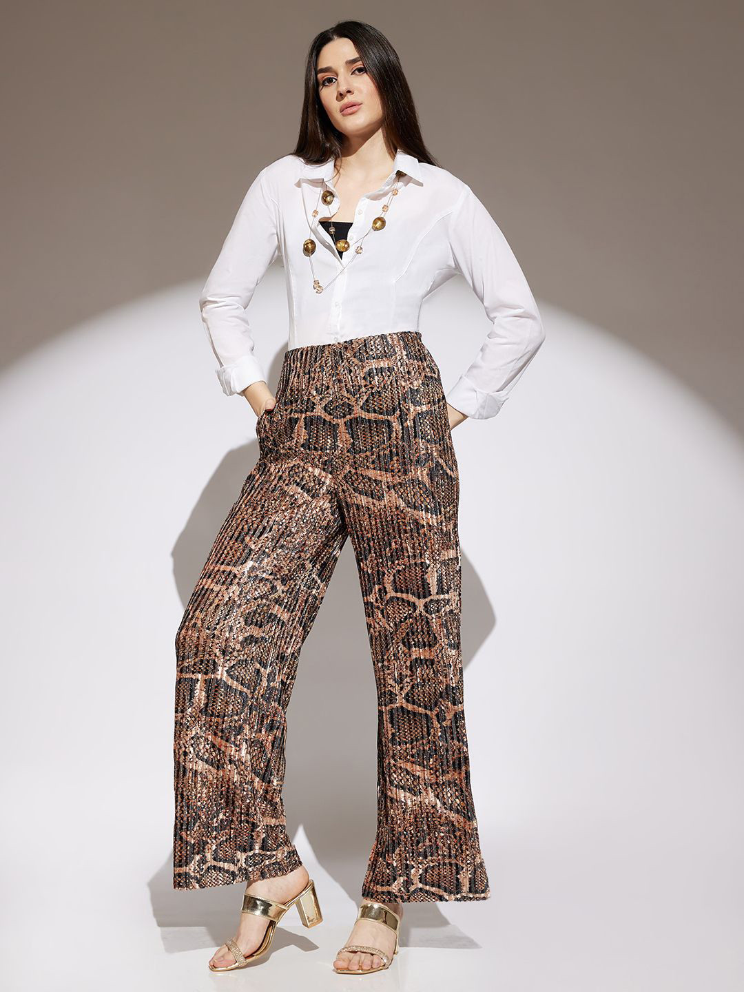 Globus Women Gold Animal Print Mid Rise Accordion Pleats Wide Leg Party Wear Trousers