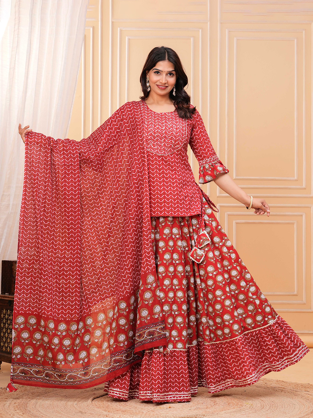 KALINI Women Floral Printed Regular Pure Cotton Kurti with Skirt & Dupatta