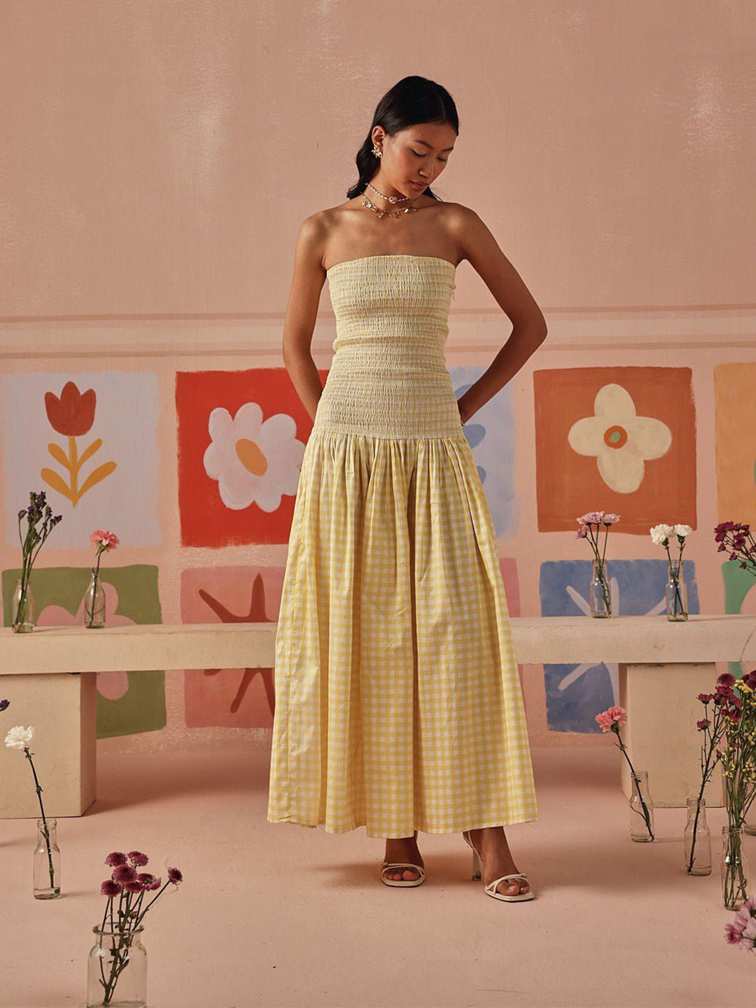 Sage by Mala Women Checked Strapless Gathered or Pleated Bandeau Maxi Dress