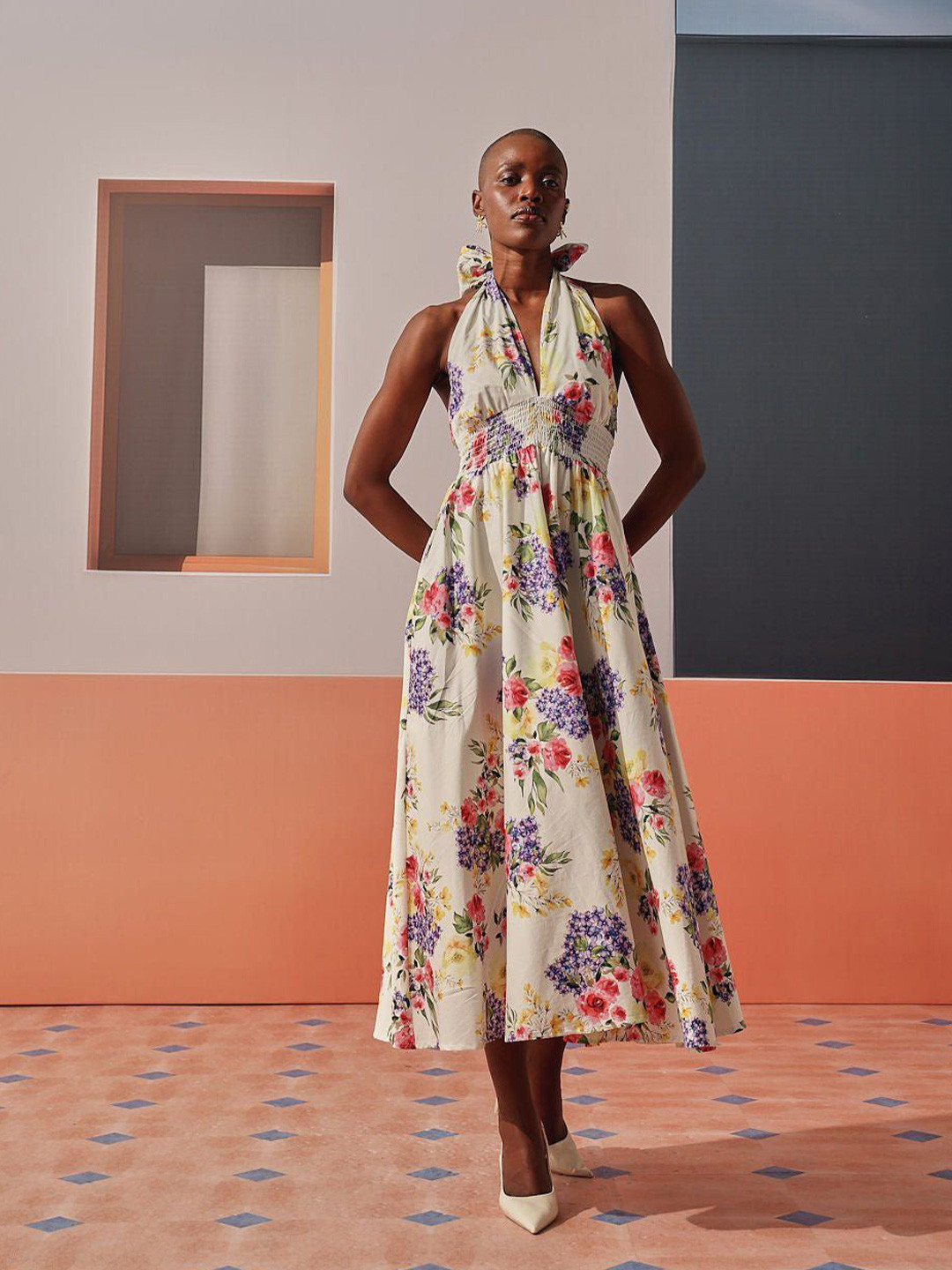 Sage by Mala Women Floral Printed Halter Neck Midi Dress