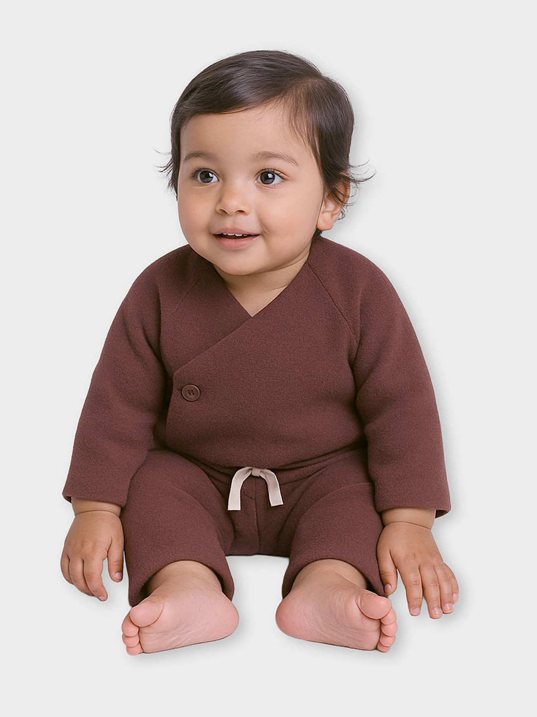 MiArcus Brown Long Sleeves Solid Wrapover T-shirt & Pyjama Set