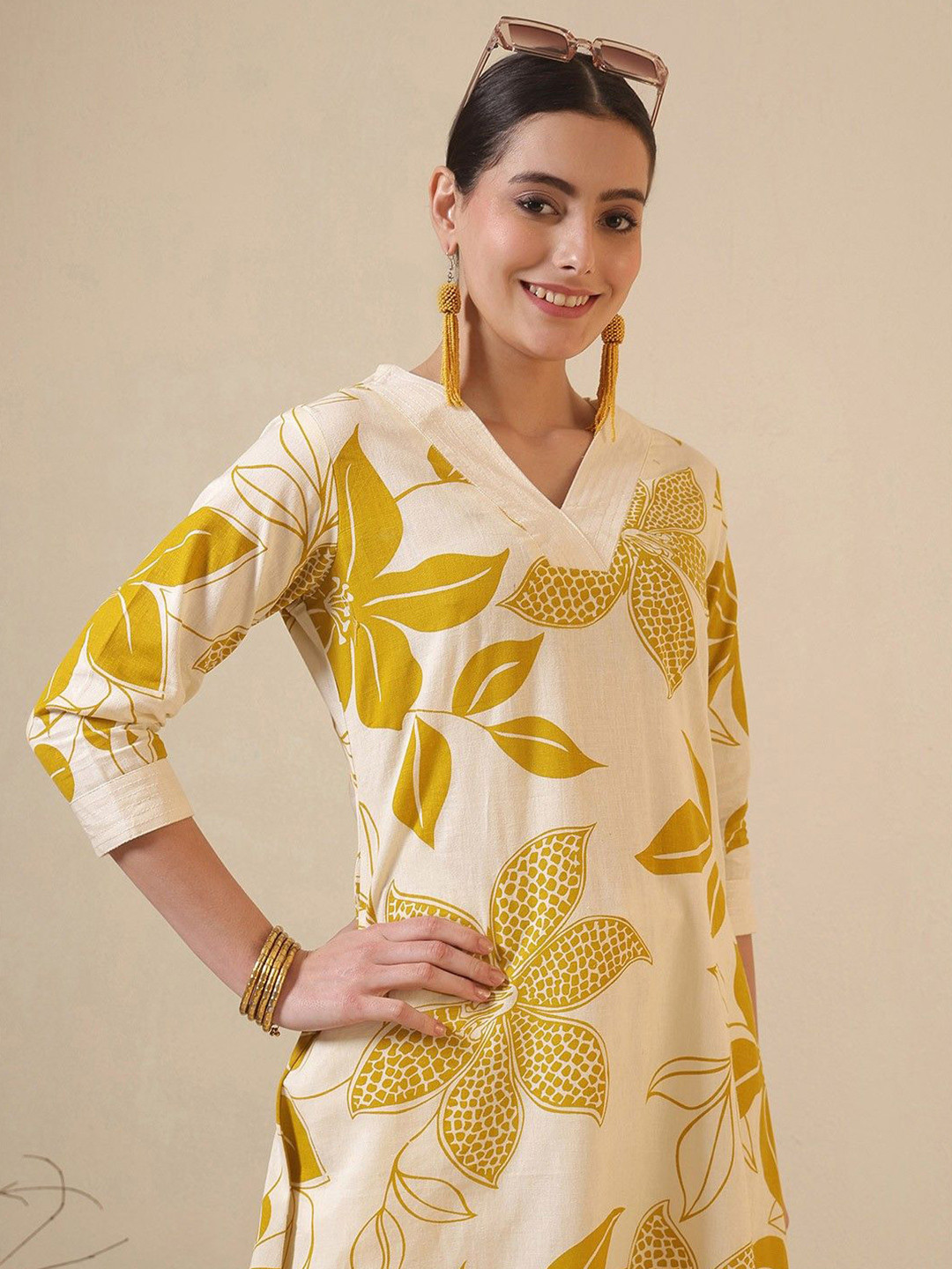 BKApparels Floral Printed V-Neck Cotton A-Line Kurta