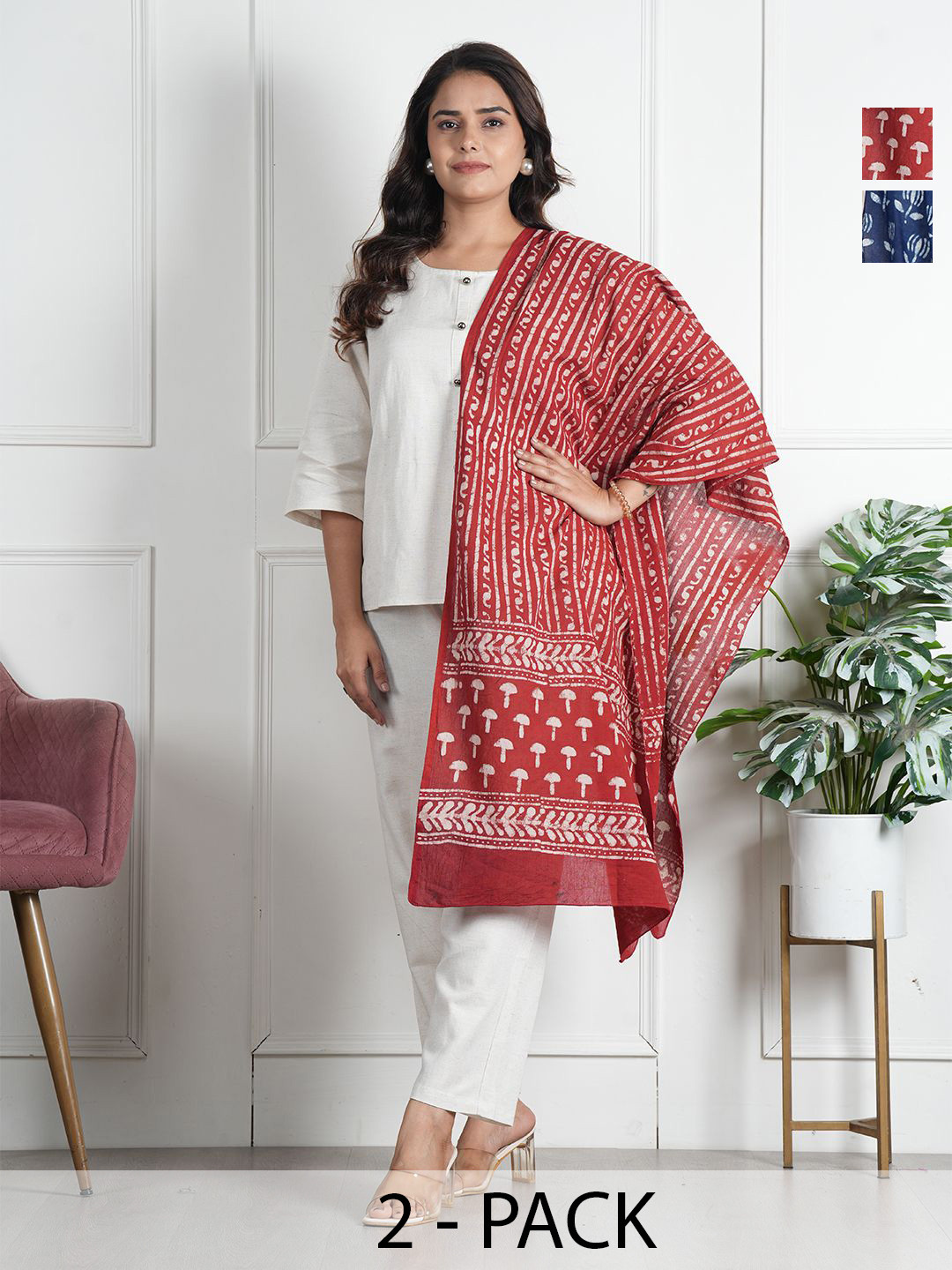 Style Shoes Set Of 2 Ethnic Motifs Printed Pure Cotton Stole