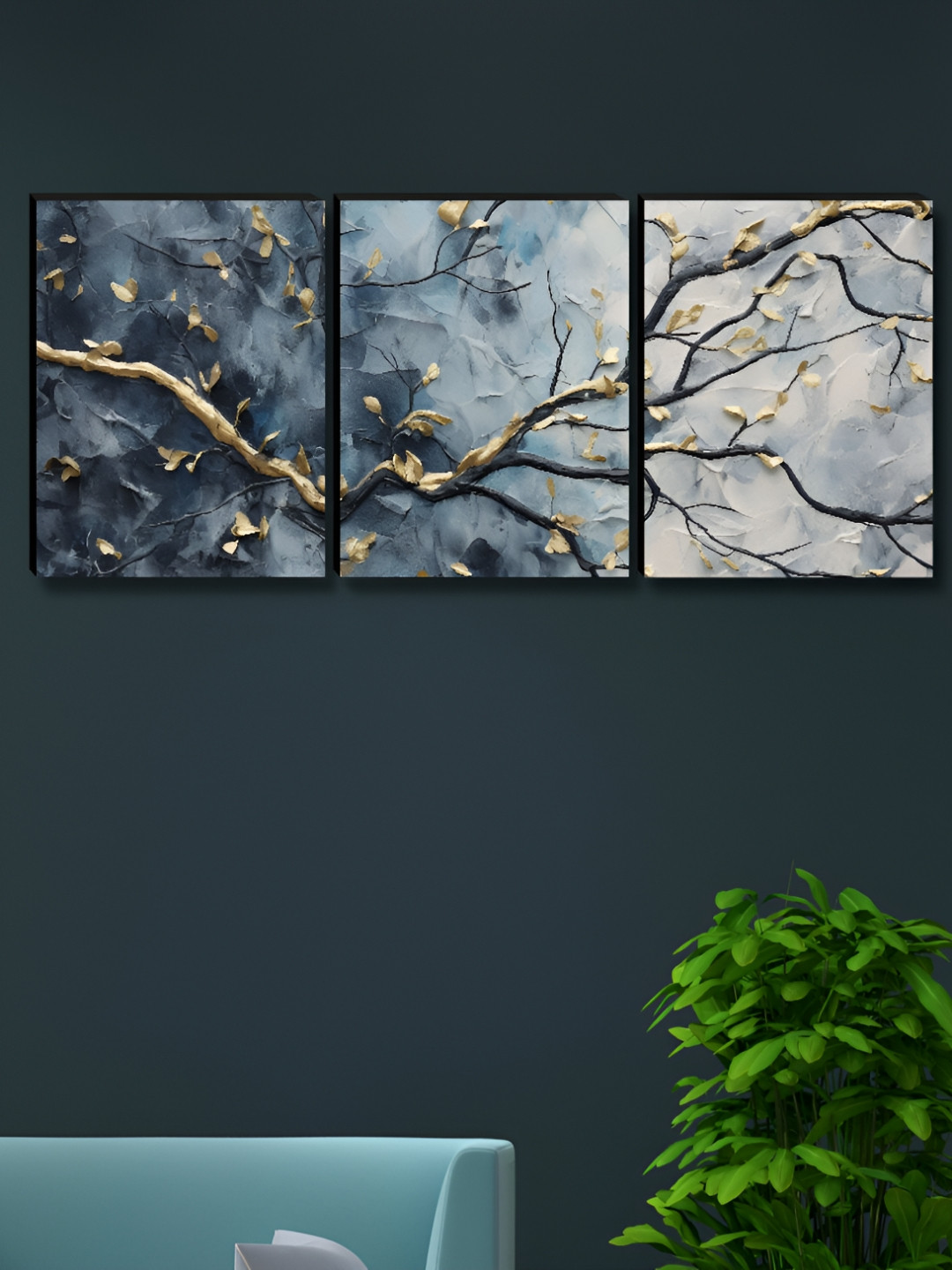 Livin'luxe Blue & Grey 3 Pieces Abstract Golden Leaves & Branches Wall Arts