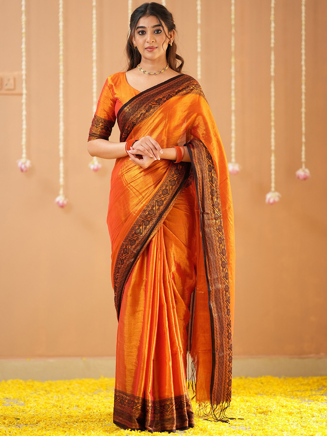 RAAG VARNAM Orange Tissue Saree With Designer Blouse