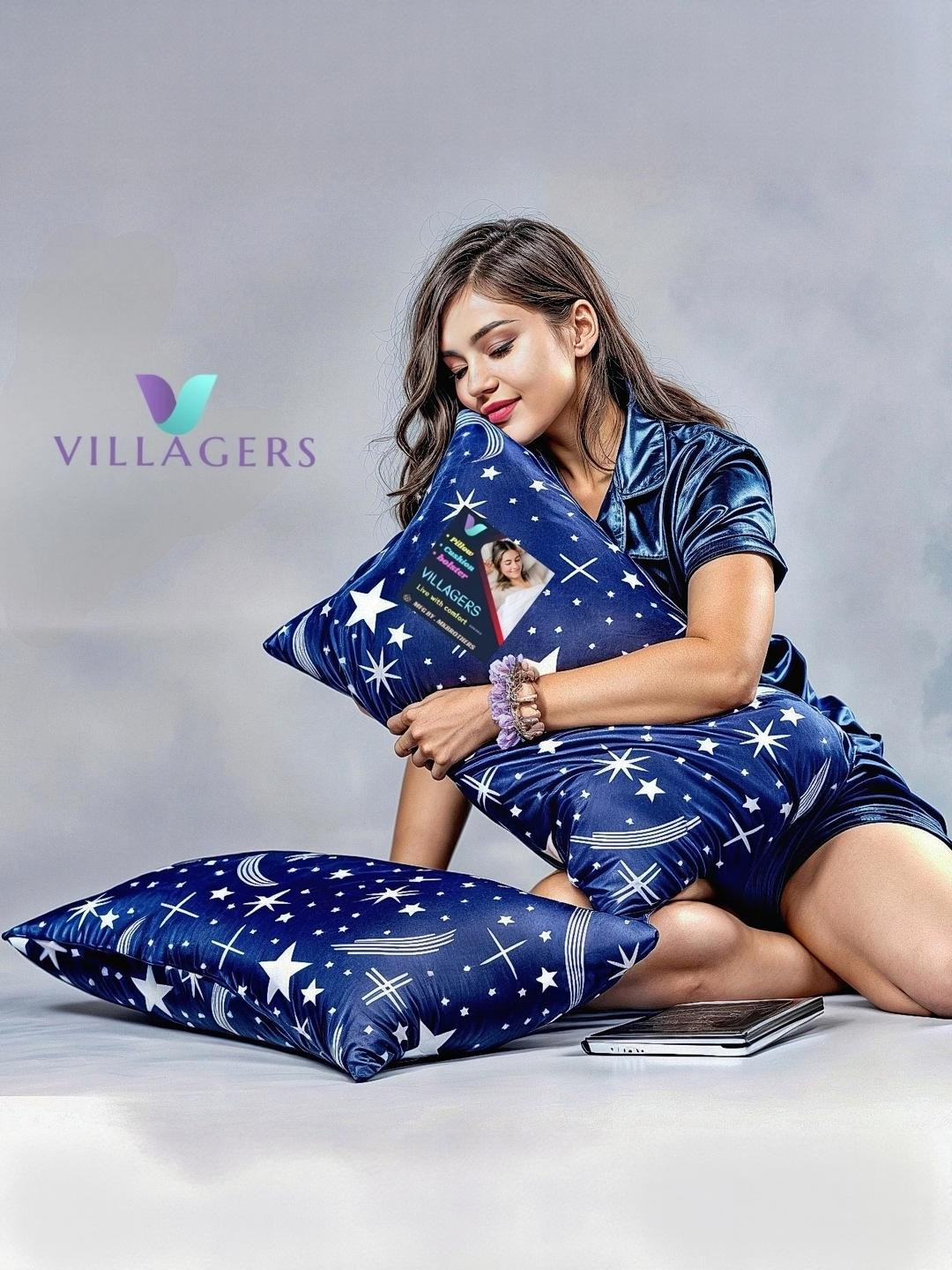 VILLAGERS Set of 2 Blue Star Printed Cotton Filled Polyester Washable Sleep Pillows