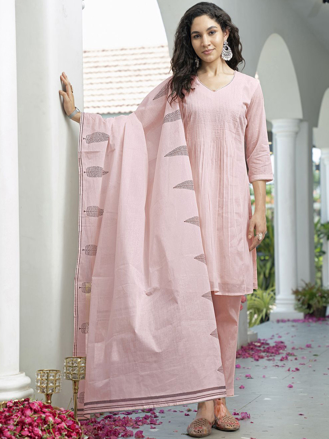 KALINI A-Line Pure Cotton Kurta With Trousers & Dupatta
