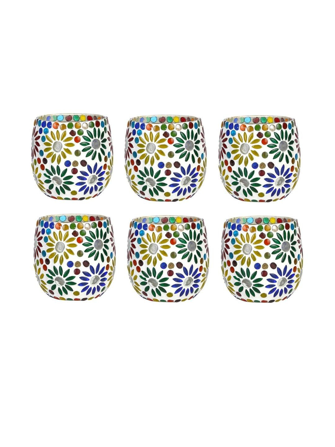 Somil Vibrant Multicolor Glass Candle Holder  Add A Touch Of Magic To Diwali, Parties & Candlelight Dinners, Size-8.5 X 8.5 X 9  Cm Pack OF 6