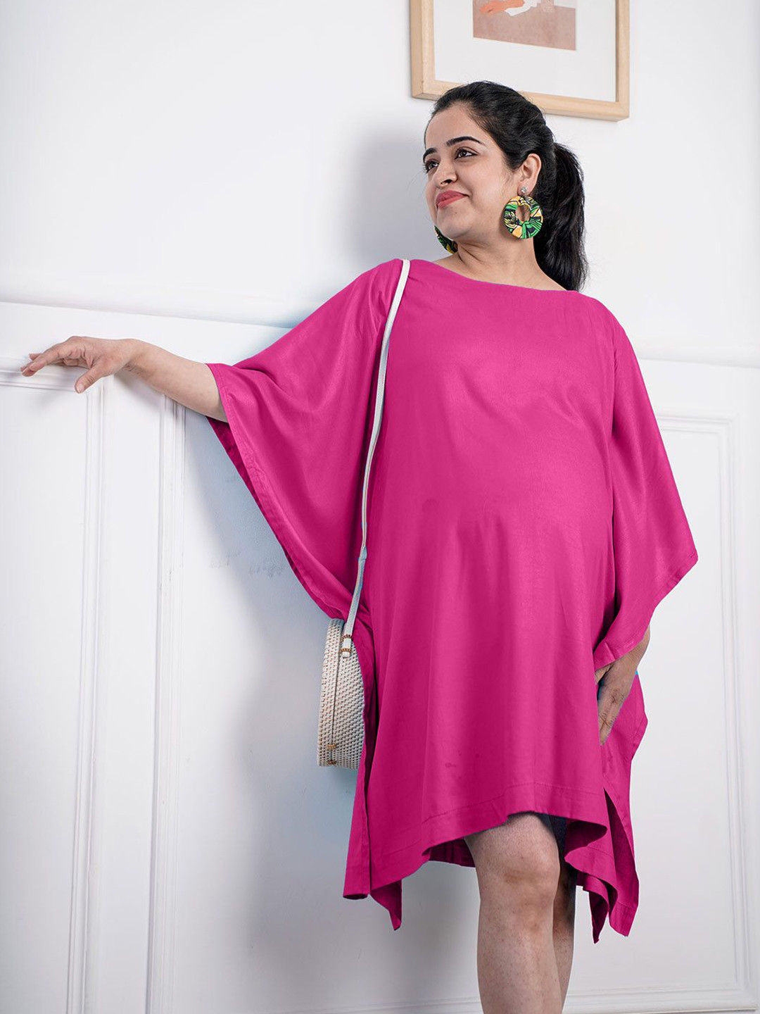 LetsDressUp Women Kimono Sleeves Boat Neck Magenta Rayon Maternity Kaftan Dress