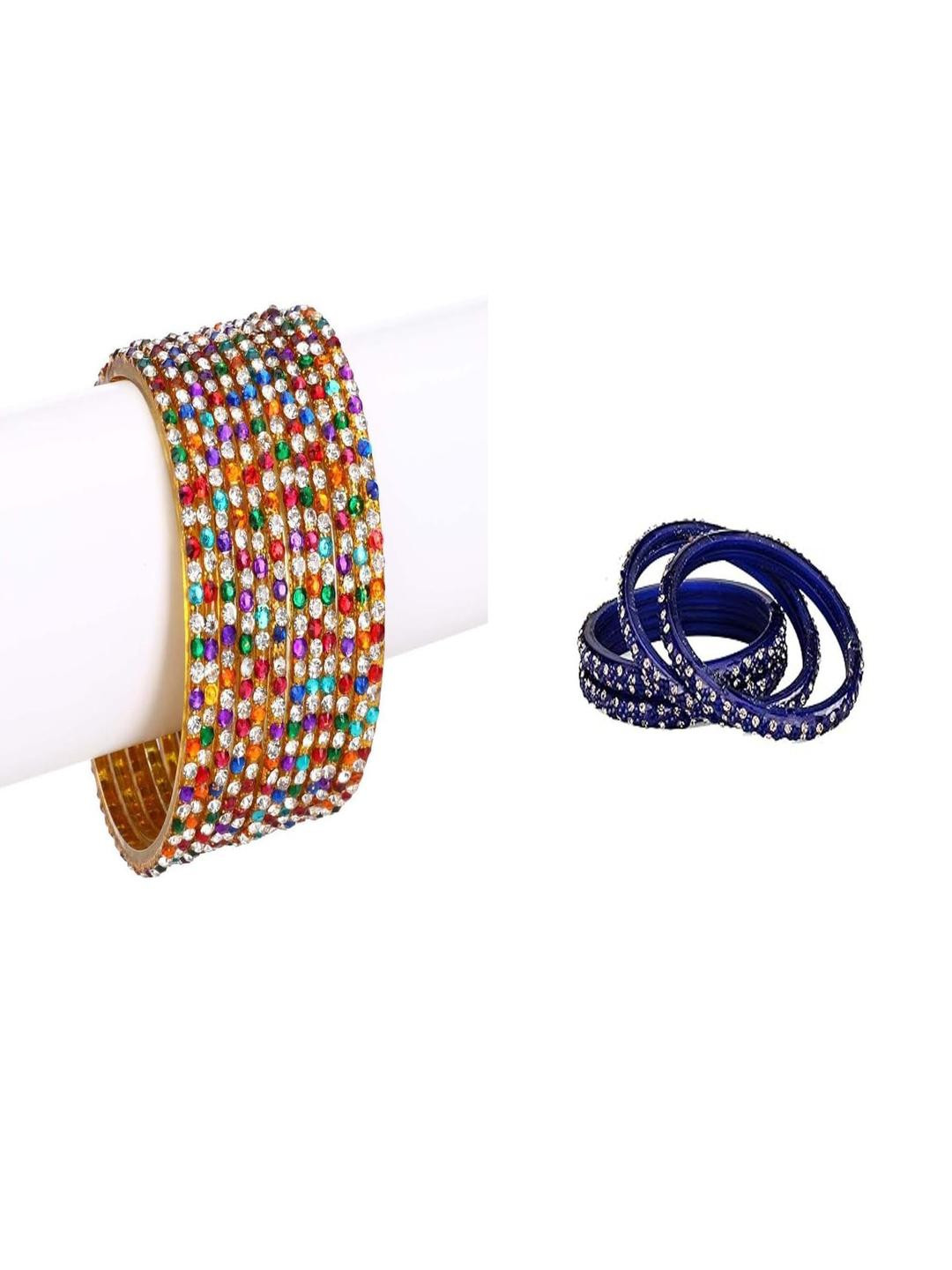 SOMIL Set Of 16 Blue & Gold Alloy Artificial Stones Studded Bangles