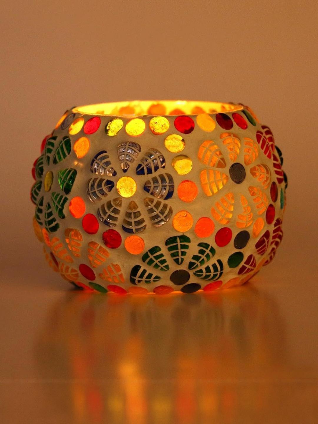 Somil Vibrant Multicolor Glass Candle Holder  Add A Touch Of Magic To Diwali, Parties & Candlelight Dinners, Size-8.5 X 8.5 X 7  Cm Pack OF 1