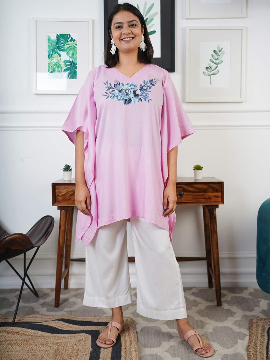 LetsDressUp Floral Yoke Design V-Neck Kaftan Kurta With Palazzos