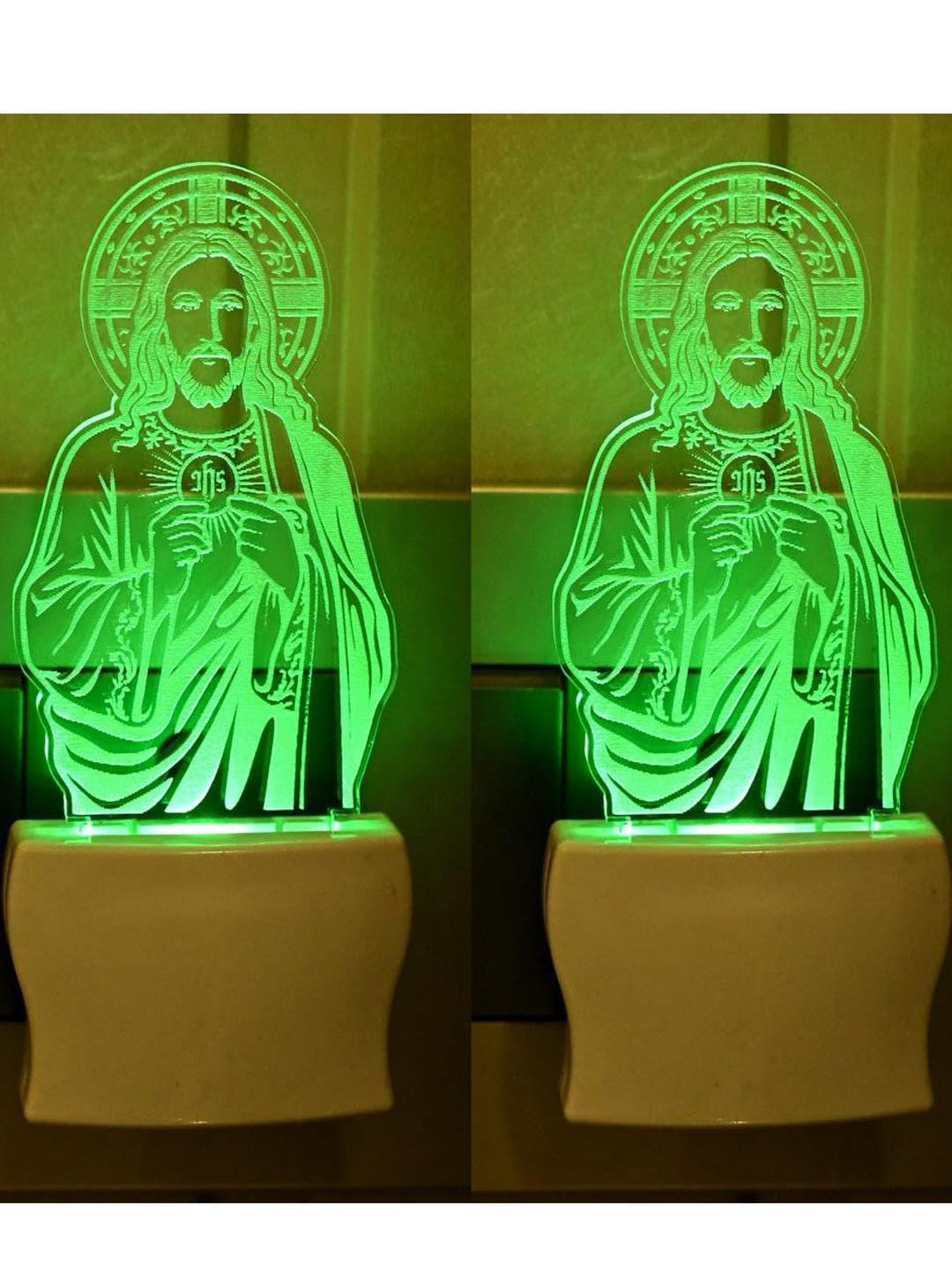 SOMIL Set of 2 Green & Blue Printed Glass Jesus Wall Lamp