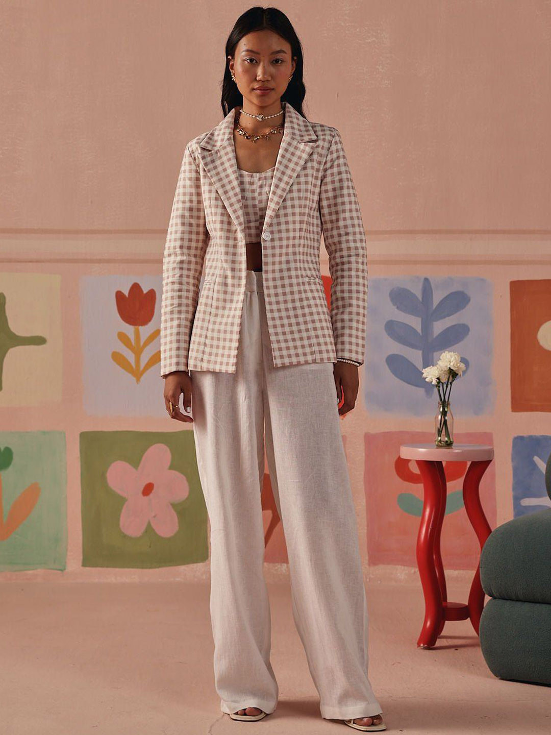 Sage by Mala Belle Checked Pure Cotton Single-BreastedBlazer