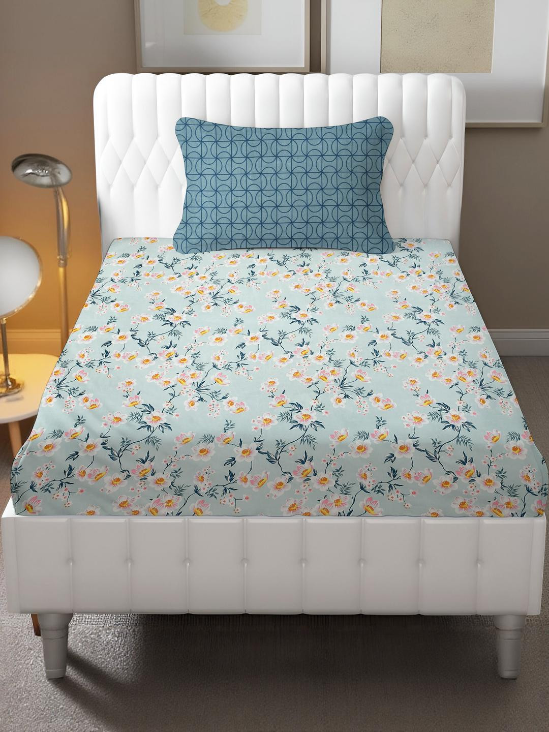 IVAZA Teal 230 TC Geometric Single Bedsheet with 1 Pillow Covers