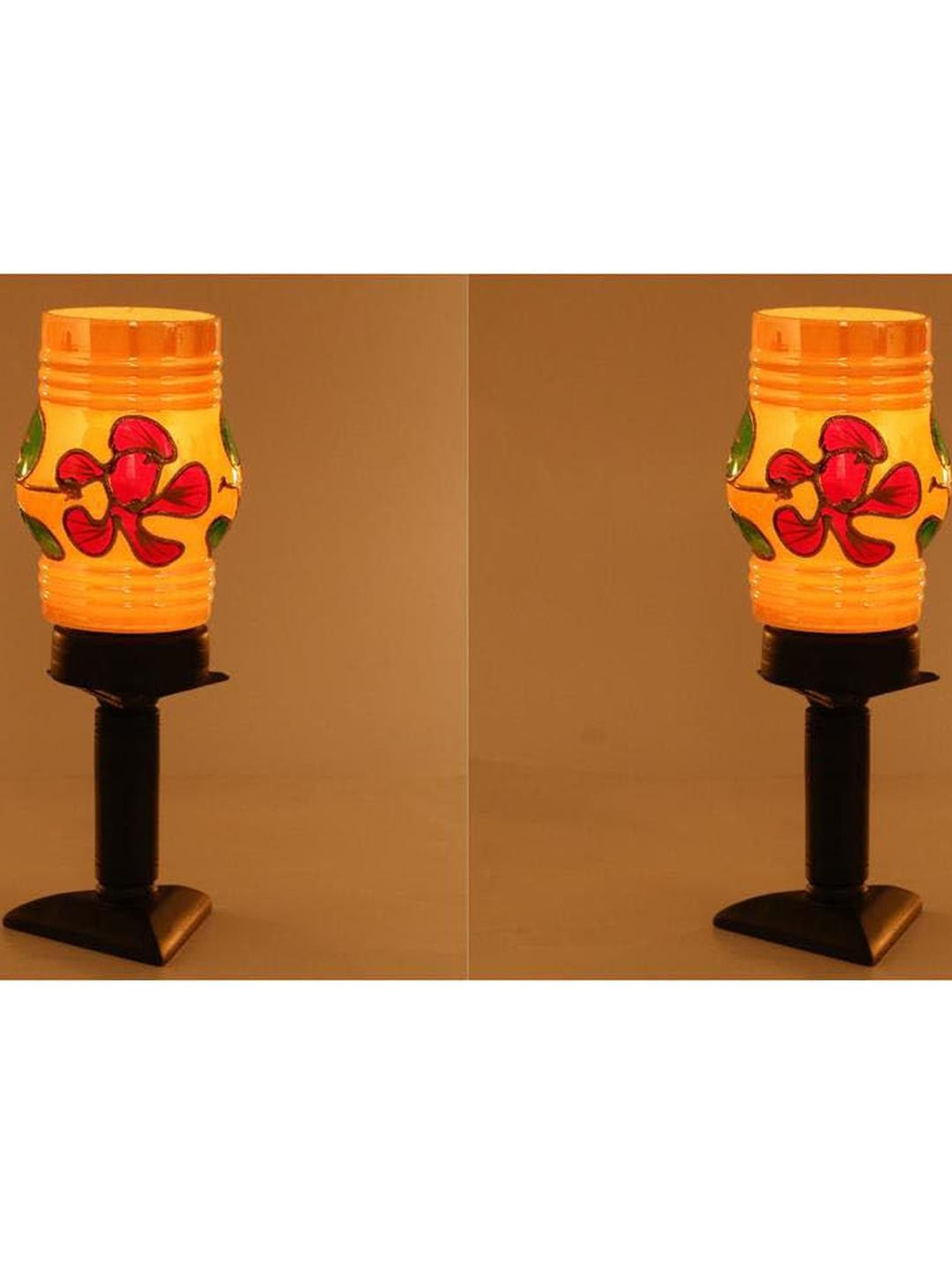 SOMIL Pack of 2 Brown Printed Glass Cylindrical Shaped Table Lamp