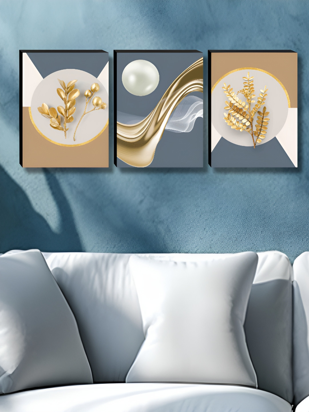 Livin'luxe Grey & Gold-Toned 3 Pieces Luxury Leaf & Pearl Abstract Wall Arts