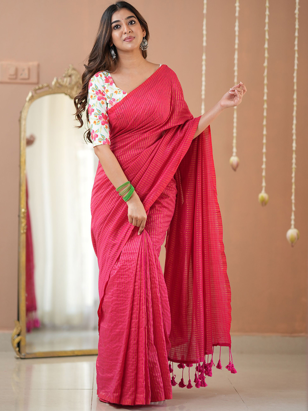 RAAG VARNAM RAAG VARNAM Pink Stripe cotton Saree designer Print Blouse