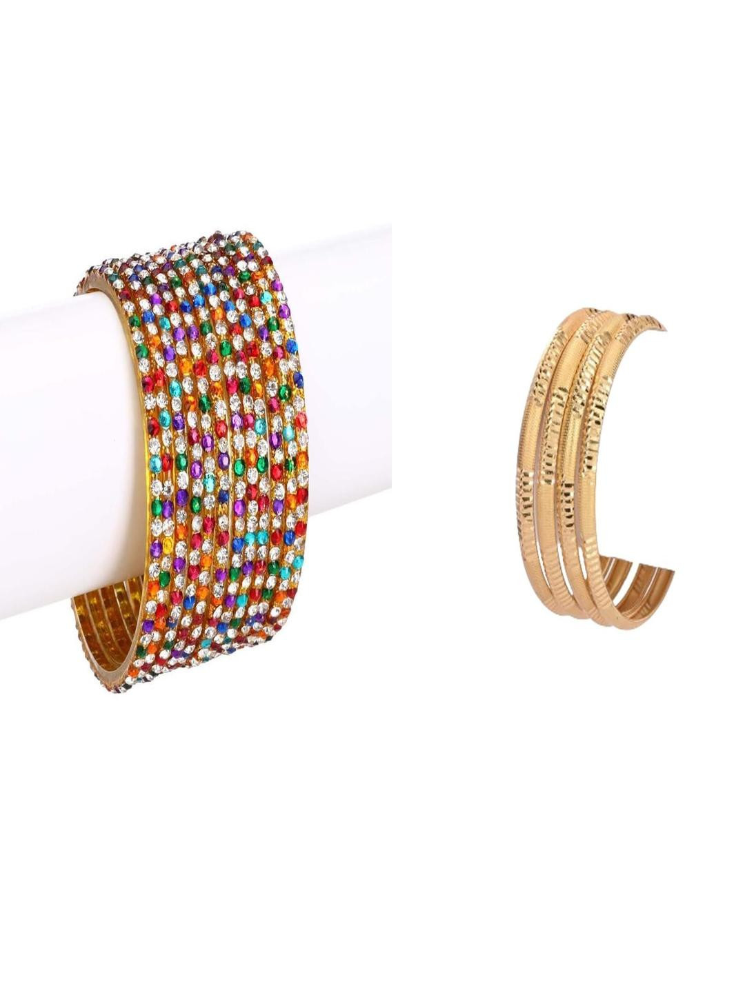 SOMIL Set Of 16 Artificial Stones and Beads Hand Decorated Antique Glass Bangles