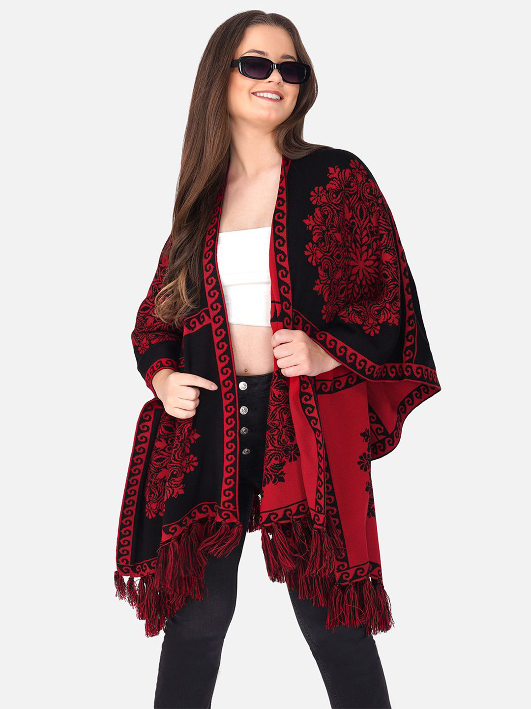 JoE Hazel Floral Printed V-Neck Woolen Longline Poncho