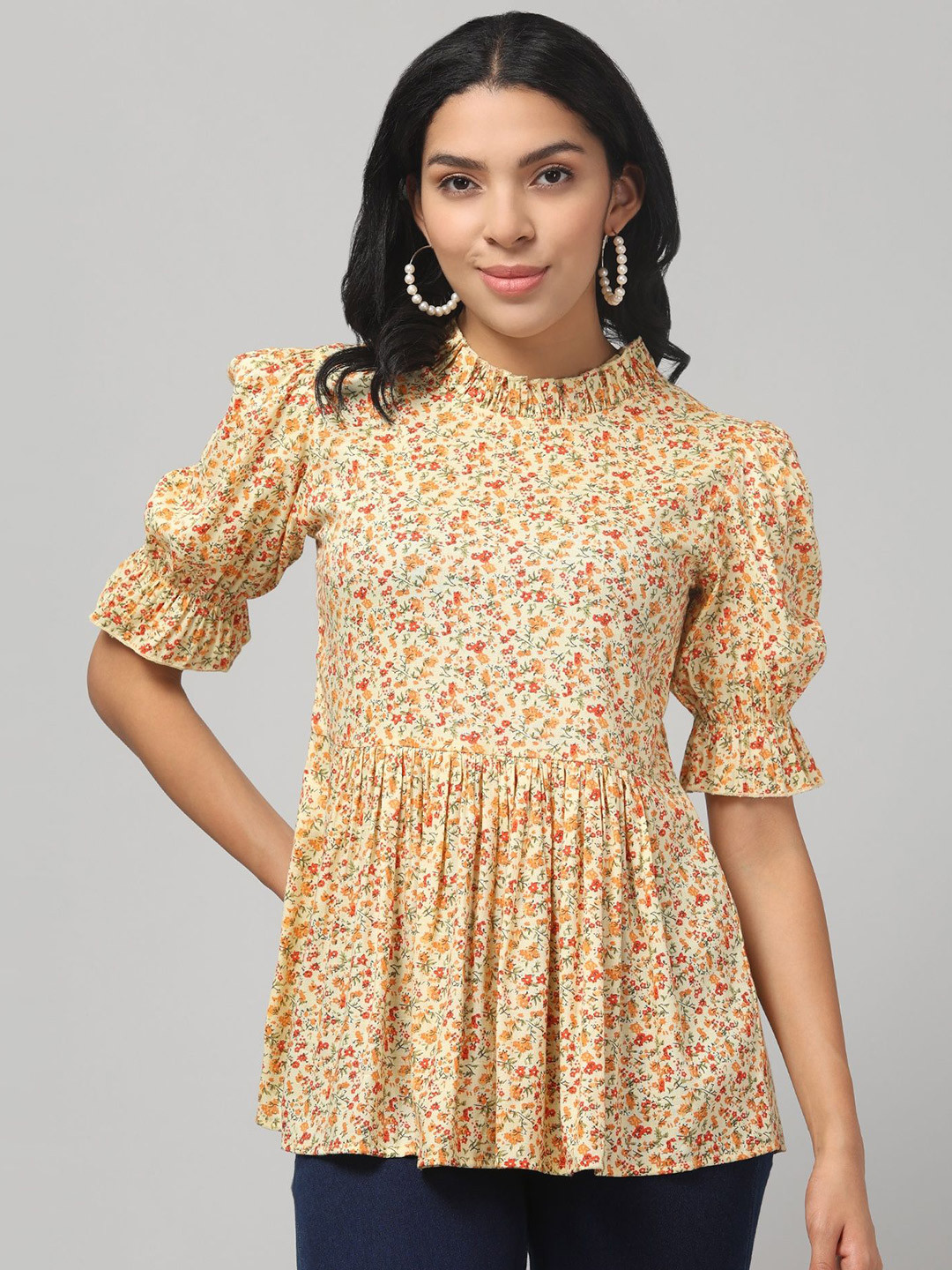 Zuvino Women Printed Mandarin Collar Puff Sleeve Cotton Peplum Longline Top