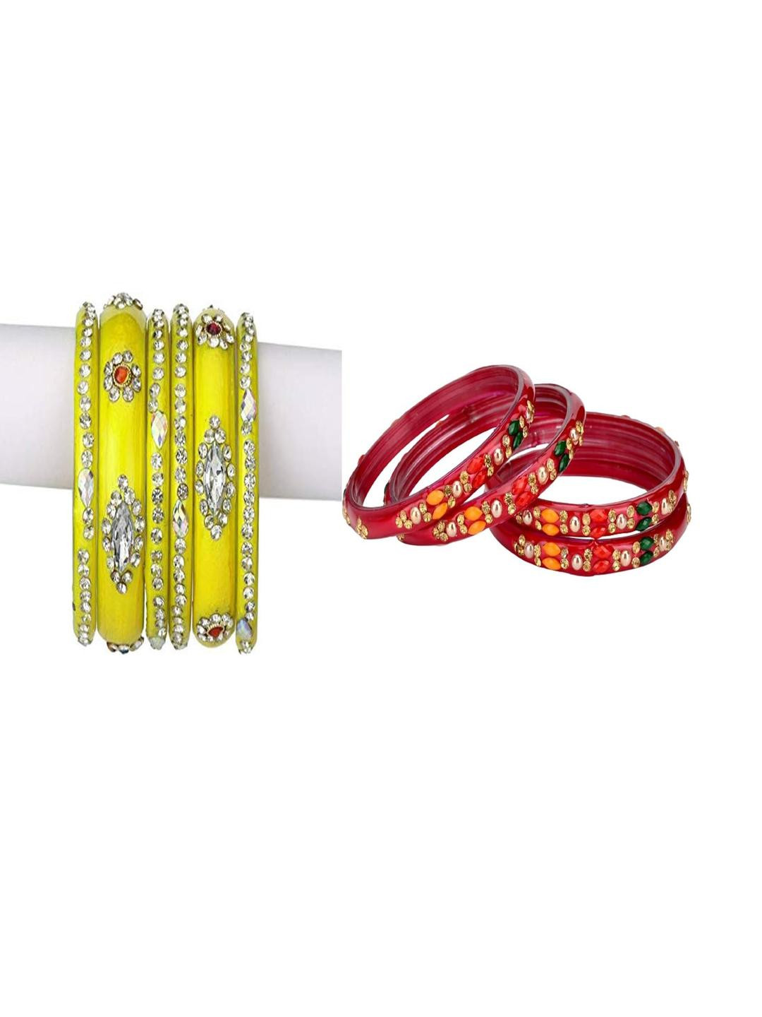 SOMIL Set Of 10 Yellow And Red Glass Artificial Stones and Beads Bangles