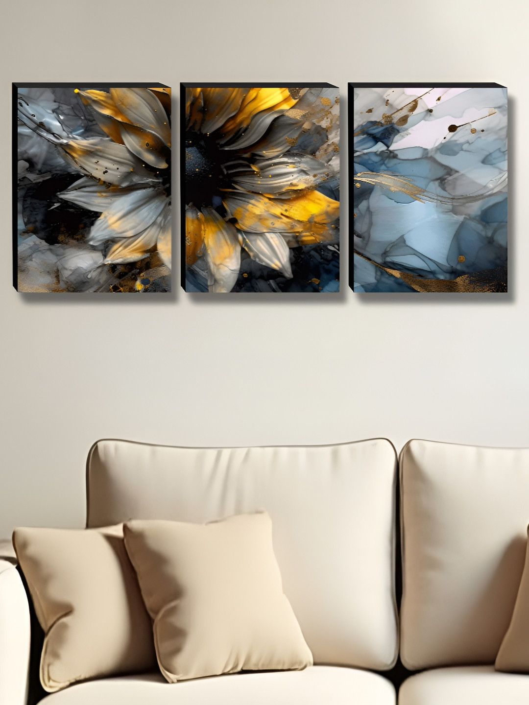Livin'luxe Blue & Gold-Toned 3 Pieces Flower Theme Wall Arts