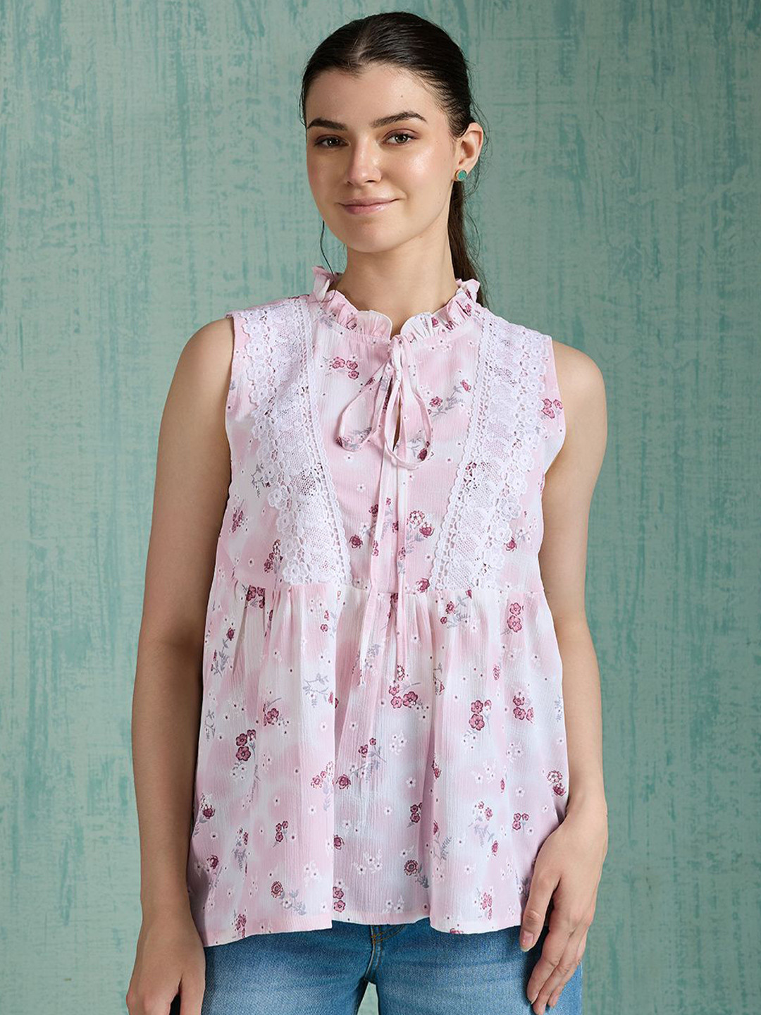 HOUSE OF MIRA Women Floral Printed Tie-Up Neck Sleeveless Ruffles A-Line Top