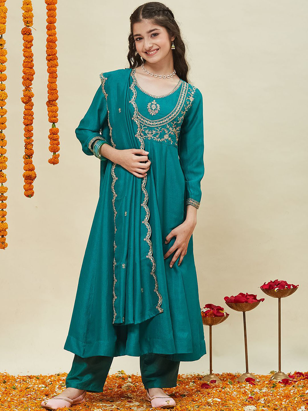 CurlyTales Girls Silk Embroidered Anarkali Kurta and Pant Set with Dupatta