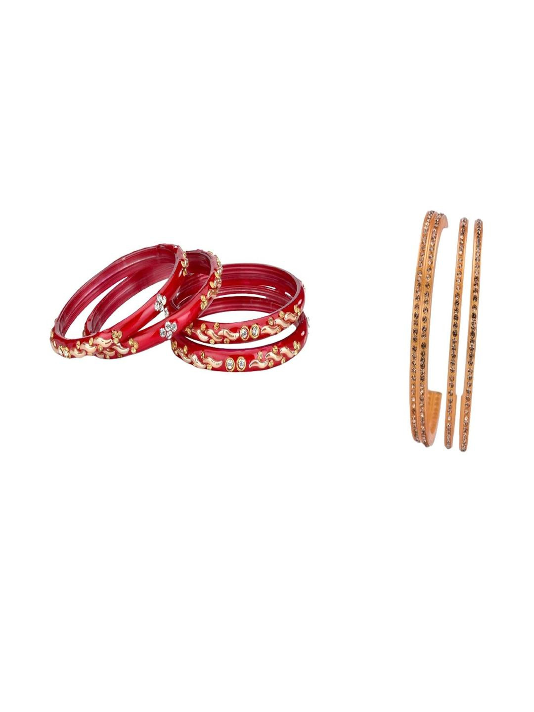SOMIL Set Of 8 Red And Gold Glass Artificial Stones and Beads Bangles