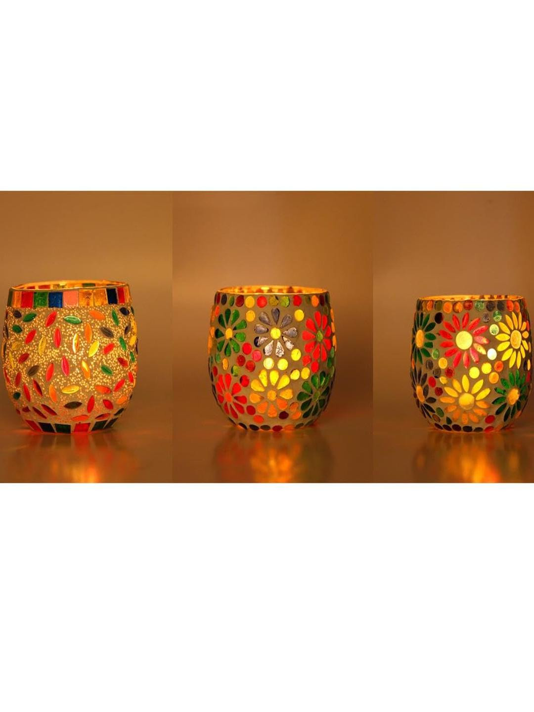 Somil Vibrant Multicolor Glass Candle Holder Pack OF 3