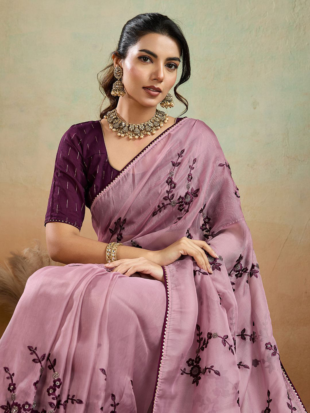 PBS PRINTS Floral Embroidered Organza Saree