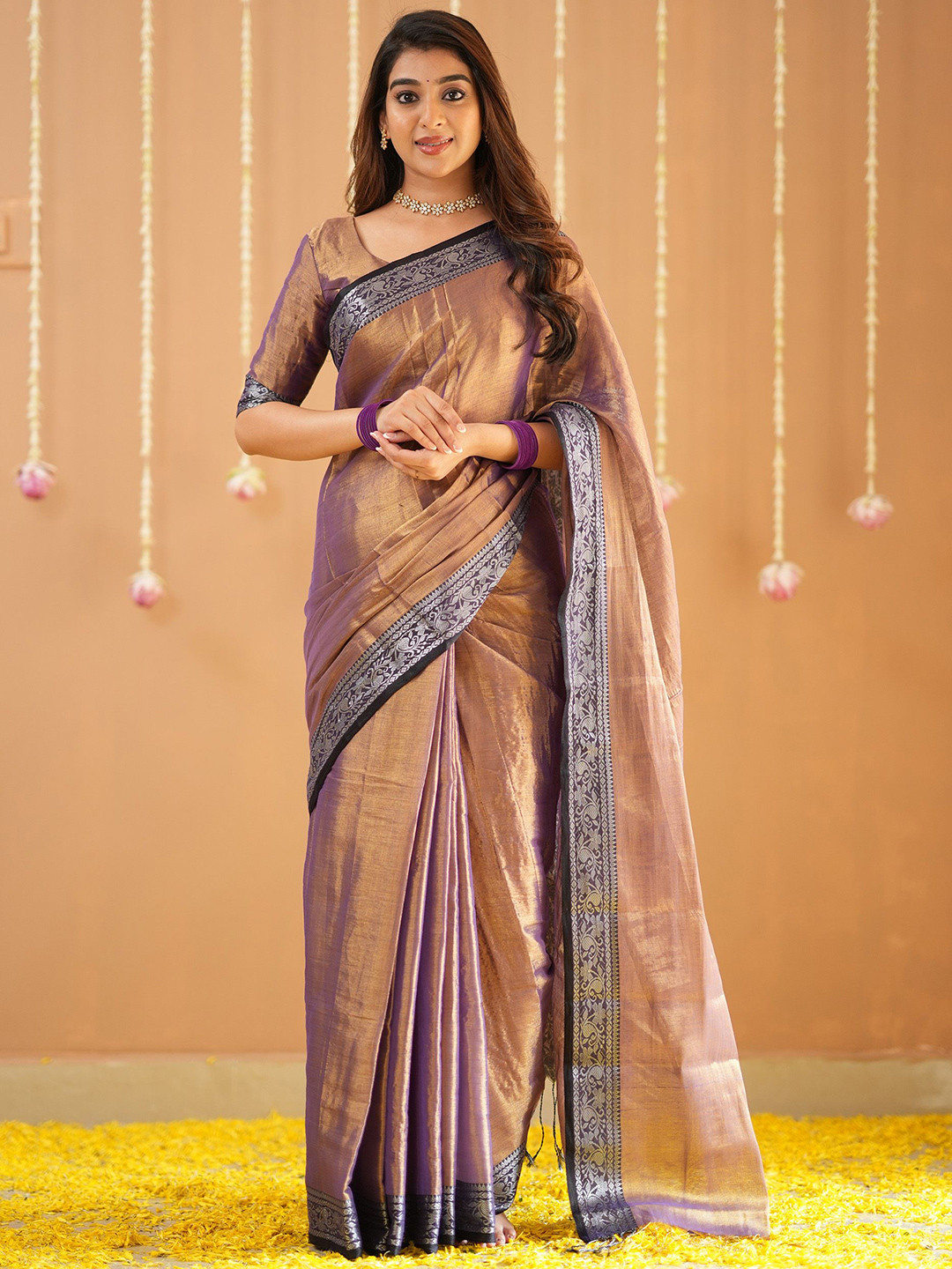 RAAG VARNAM Copper Tissue Saree With Designer Blouse