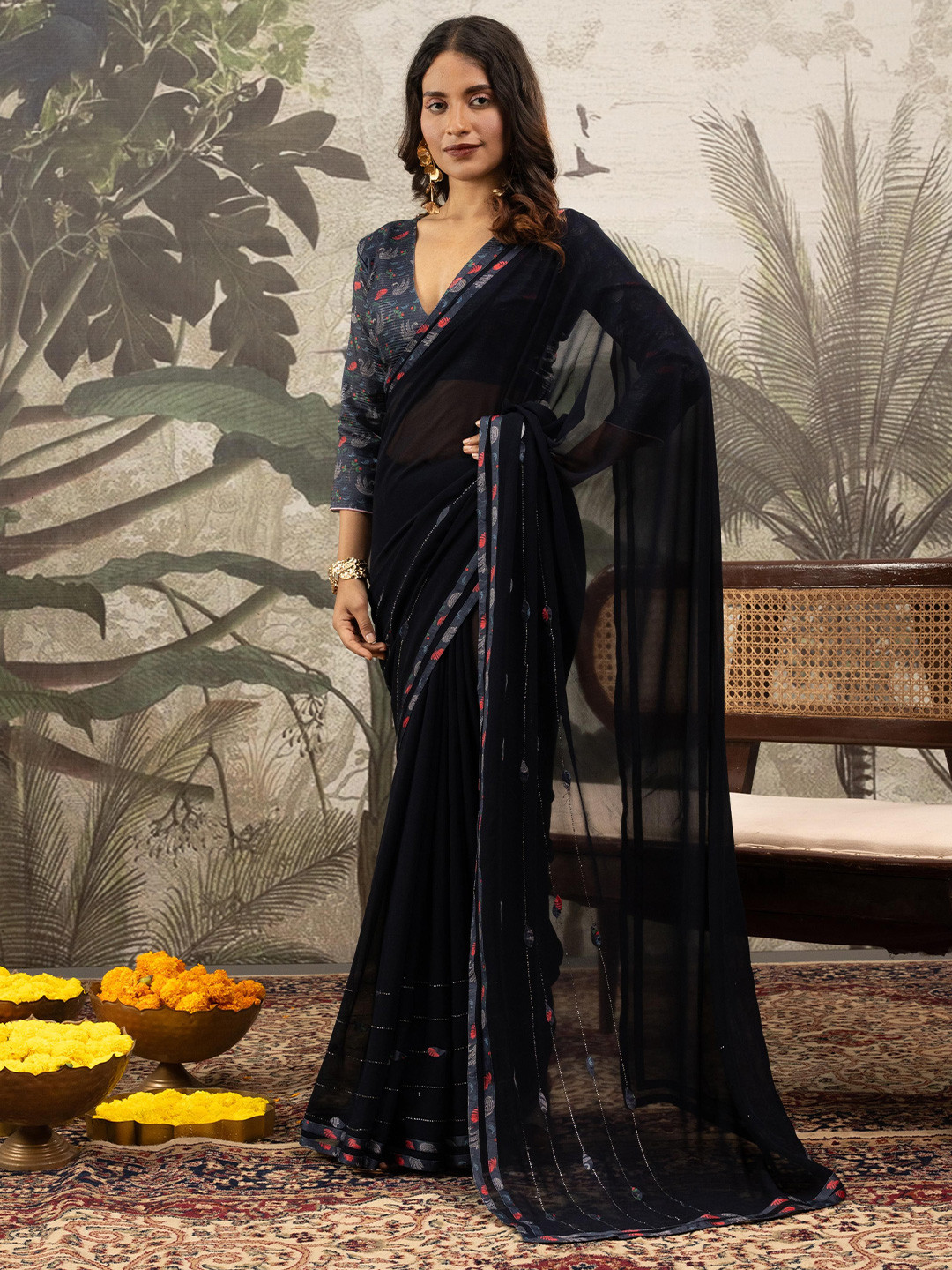 Sedora Couture Floral Beads & Stones Border Saree
