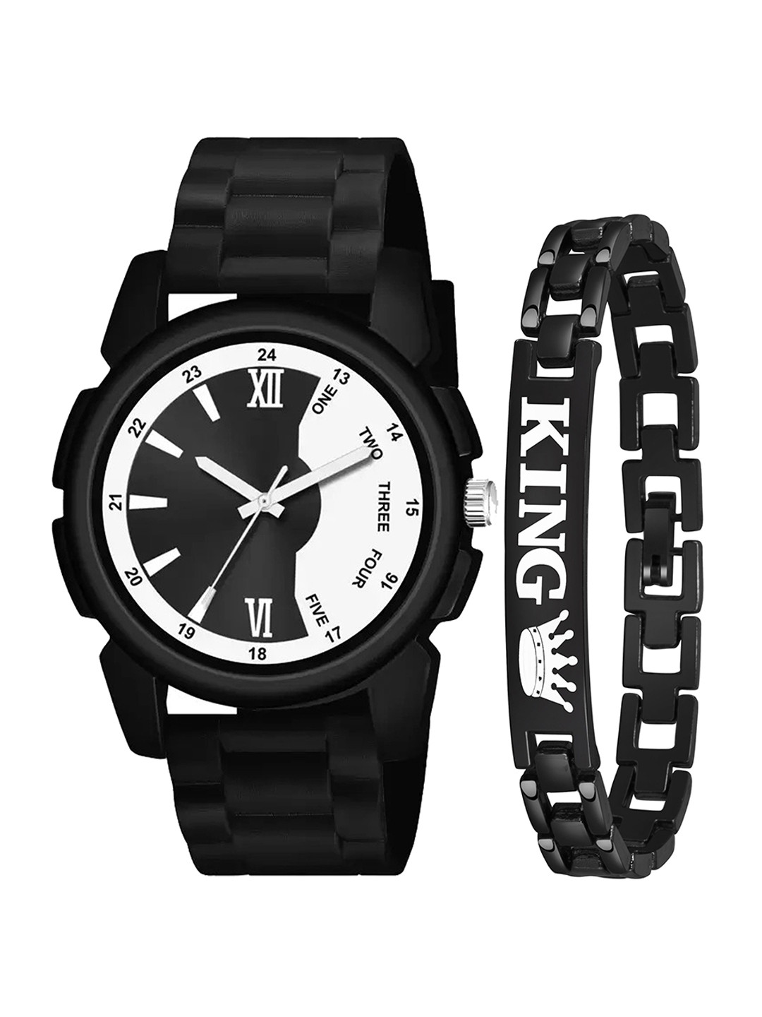 JUST LIKE Men Monochrome Analogue Watch  with King Print Bracelet Gift Set