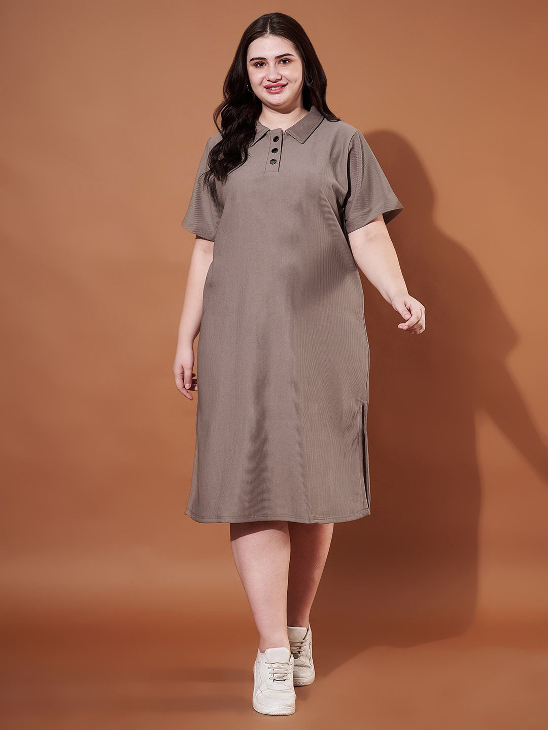 Purple Feather Women Flared Sleeve Ribbed A-Line Midi Dress