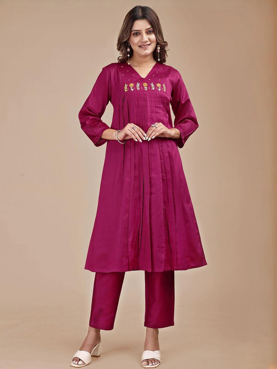 Tikhi Imli Embroidered V-Neck A-Line Top With Trousers Co-Ords