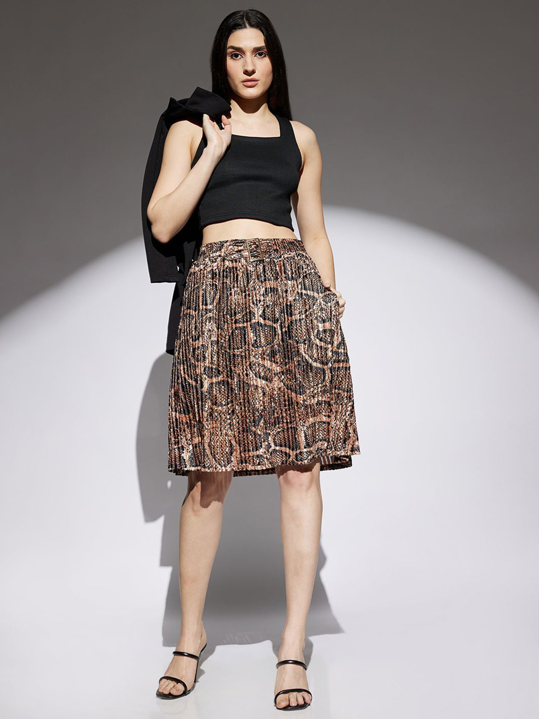 Globus Animal Print Accordion Pleated Mid Rise Flared Skirt