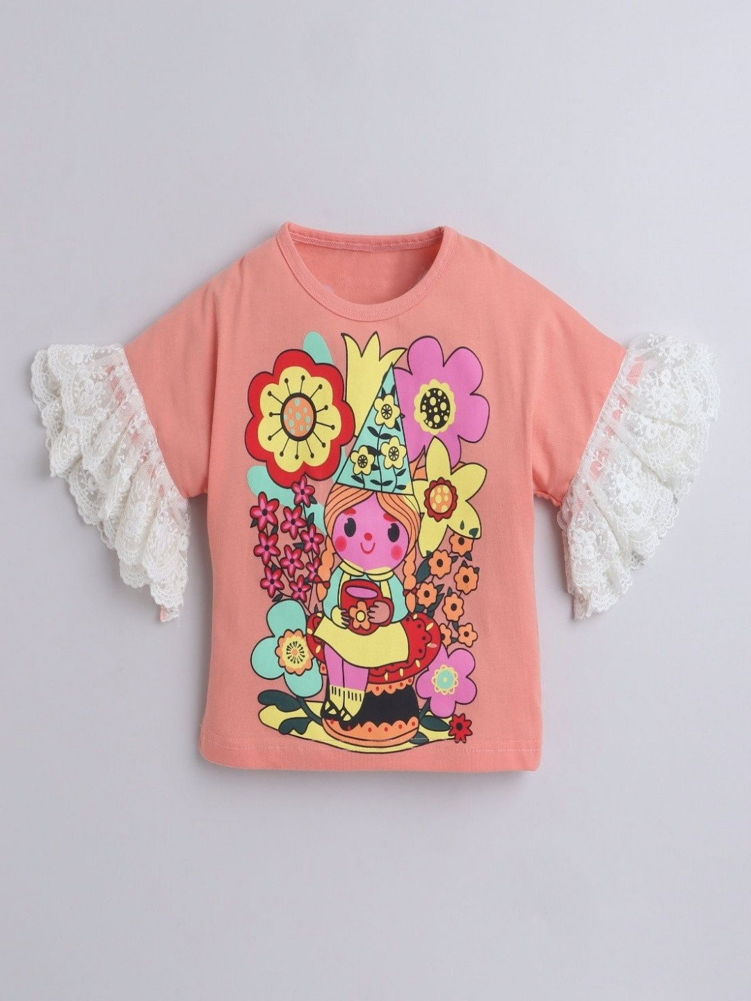 BRIGHT STARS KIDSWEAR Girls Graphic Printed Round Neck Pure Cotton Relaxed Fit T-shirt